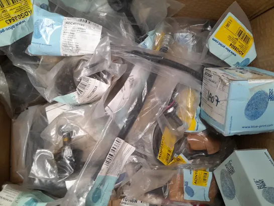 BOX OF APPROXIMATELY 10 ASSORTED VEHICLE PARTS TO INCLUDE SHOCK ABSORBER MOUNTING, TRACK ROD END, ETC