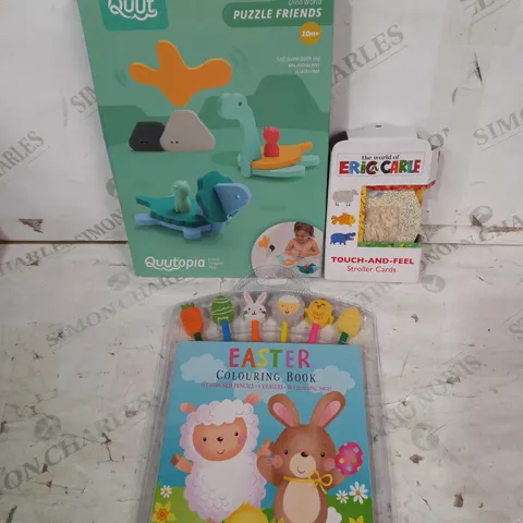 BOX OF APPROXIMATELY 20 ASSORTED TOYS AND GAMES TO INCLUDE TOUCH AND FEEL STROLLER CARDS, QUUTOPIA DINO WORLD PUZZLE FRIENDS, EASTER COLOURING BOOK, ETC