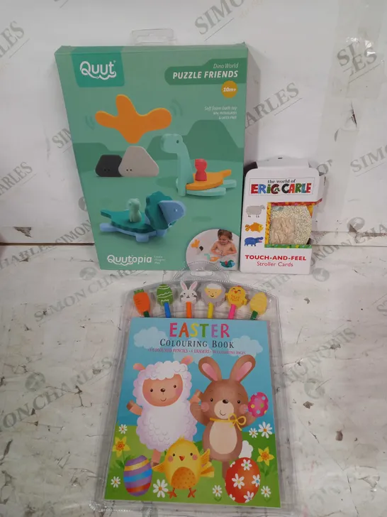 BOX OF APPROXIMATELY 20 ASSORTED TOYS AND GAMES TO INCLUDE TOUCH AND FEEL STROLLER CARDS, QUUTOPIA DINO WORLD PUZZLE FRIENDS, EASTER COLOURING BOOK, ETC