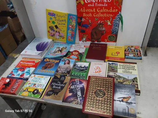 CAGE OF ASSORTED BOOKS INCLUDING, HARRY POTTER BOX SET, GRUFFALO ADVENT CALENDAR BOOK COLLECTION, RELIGIOUS BOOKS, COOKERY, TEXT & REFERENCE BOOKS