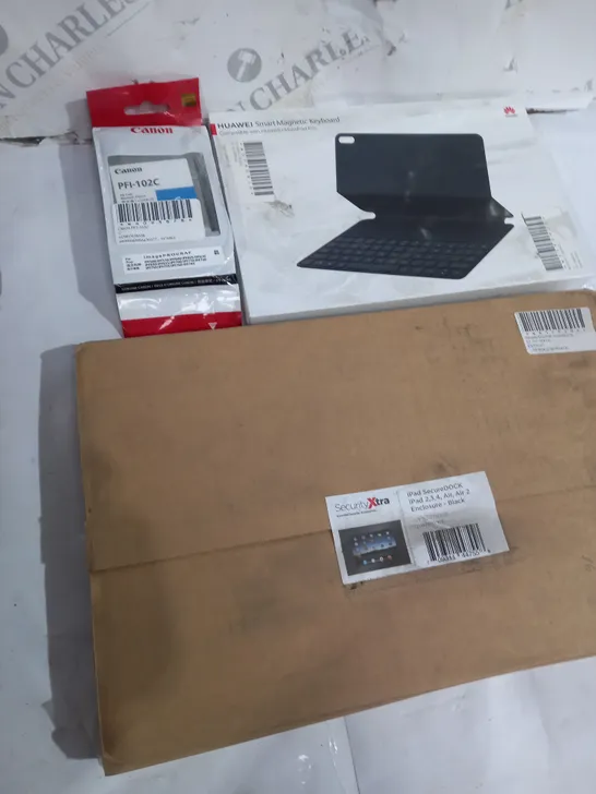 BOX OF ASSORTED ICT ITEMS TO INCLUDE HUAWEI KEYBOARD, CANON PFI-102C, IPAD SECUREDOCK ETC