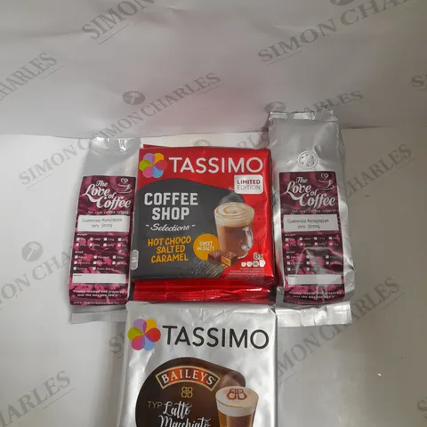 BOX OF APPROXIMATELY 10 ASSORTED COFFEE PRODUCTS TO INCLUDE TASSIMO BAILEYS PODS, THE LOVE OF COFFEE FILTER COFFEE, TASSIMO HOT CHOCO SALTED CARAMEL PODS ETC