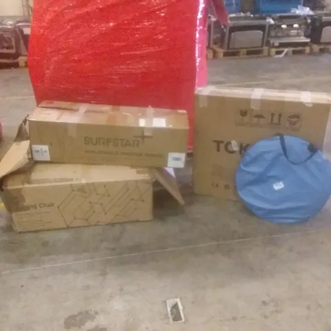 PALLET OF ASSORTED ITEMS INCLUDING INFLATABLE PADDLE BOARD, GAMING CHAIR, POP UP TENT, MIRROR CABINET