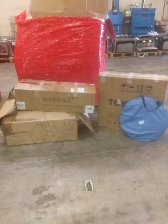 PALLET OF ASSORTED ITEMS INCLUDING INFLATABLE PADDLE BOARD, GAMING CHAIR, POP UP TENT, MIRROR CABINET