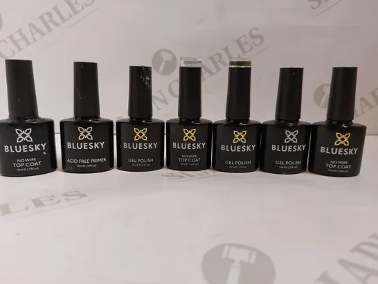 BOX OF APPROX 10 BLUESKY ITEMS TO INCLUDE HARD GEL POLISH, BASE COAT AND GEL POLISHES IN ASSORTED COLOURS 