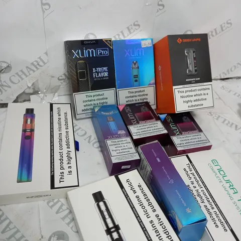 BOX OF APPROXIMATELY 10 ASSORTED E-CIG PRODUCTS TO INCLUDE ASPIRE, OXVA, ENDURA ETC