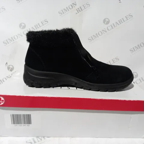 BOXED PAIR OF RIEKER FLUFFY CUFF ANKLE BOOTS IN BLACK UK SIZE 6