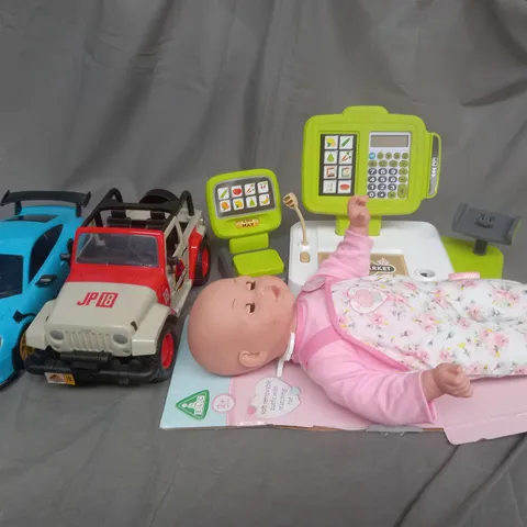 LARGE BOX OF ASSORTED TOYS AND GAMES TO INCLUDE DOLLS, TOY CARS AND MINI MARKET