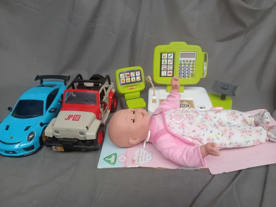 LARGE BOX OF ASSORTED TOYS AND GAMES TO INCLUDE DOLLS, TOY CARS AND MINI MARKET