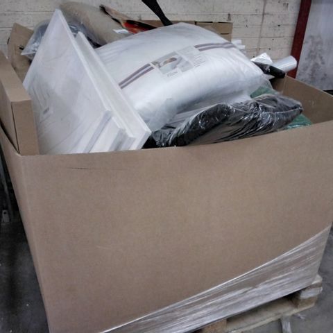 PALLET OF ASSORTED ITEMS INCLUDING HALOWEEN & CHRISTMAS DECORATIONS, CANVASSES, PILLOWS, UMBRELLAS, BOXED FOLDING TABLES.