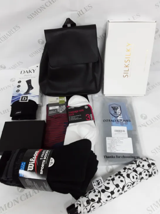 MEDIUM BOX OF ASSORTED ACCESSORIES TO INCLUDE SOCKS GLOVES AND WALLETS