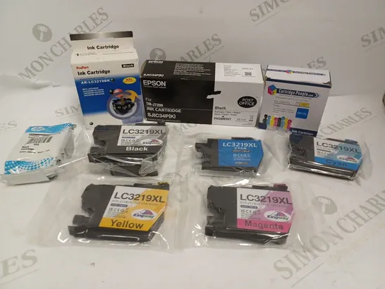 BOX OF APPROXIMATELY 25 ASSORTED REPLACEMENT PRINTER INK CARTRIDGES TO INCLUDE BLACK HP 652, CYAN LC3219XL, EPSON SJIC34P(K) ETC 