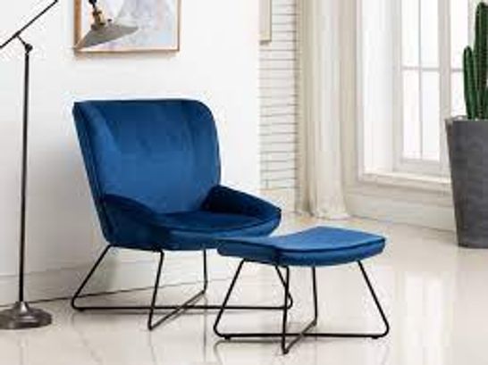 BOXED BLUE UPHOLSTERED TEAGAN CHAIR AND STOOL