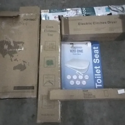 PALLET OF ASSORTED ITEMS INCLUDING GREEN CHRISTMAS TREE, TOILET SEAT, KUYAL CHAIR MAT, ELECTRIC CLOTHES DRYER, HOMIDEC TELESCOPIC LADDER, TATKRAFT CLOTHES RAIL