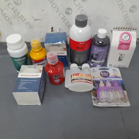 LOT OF APPROXIMATELY 15 LIQUIDS AND HOUSEHOLD ITEMS TO INCLUDE PAINTS, MOULD CLEANER AND RUST REMOVER - COLLECTION ONLY