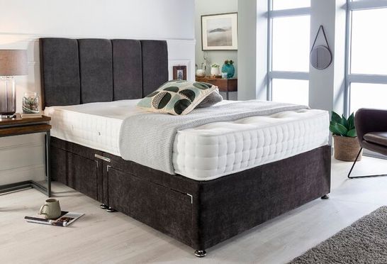 BOXED HIGGINSON UPHOLSTERED DOUBLE DIVAN BED (4'6) WITH HEADBOARD- BLACK