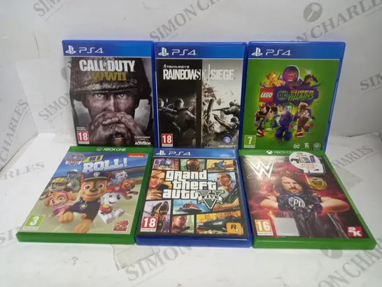 LOT OF 6 XBOX ONE & PS4 GAMES, TO INCLUDE LEGO DC, CALL OF DUTY, GTA, ETC