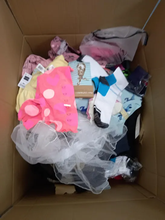 MEDIUM  BOX OF ASSORTED KIDS CLOTHING ITEMS TO INCLUDE BAGS, BABY GROWS AND DRESSES