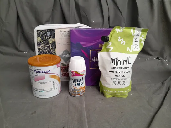 12 ASSORTED FOOD ITEMS TO INCLUDE CADBURY MILK TRAY, LAVOLIO CHESTNUTS, MINIML WHITE VINEGAR,VITAL FOOD DRINK AND NEOCATE LCP POWDER- COLLECTION 