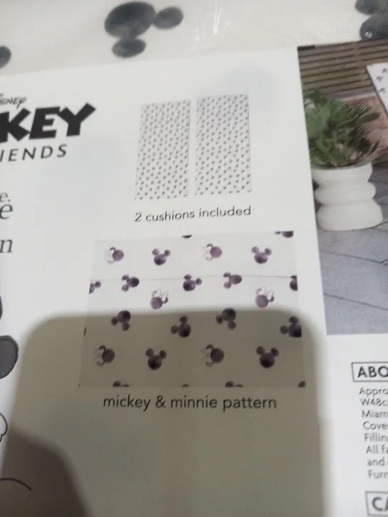 APPROXIMATELY 6 SETS OF TWO BRAND NEW DISNEY MICKEY MOUSE AND FRIENDS MICKEY AND MINNIE MOUSE PATTERN MIAMI CUSHIONS(ONE BOX)