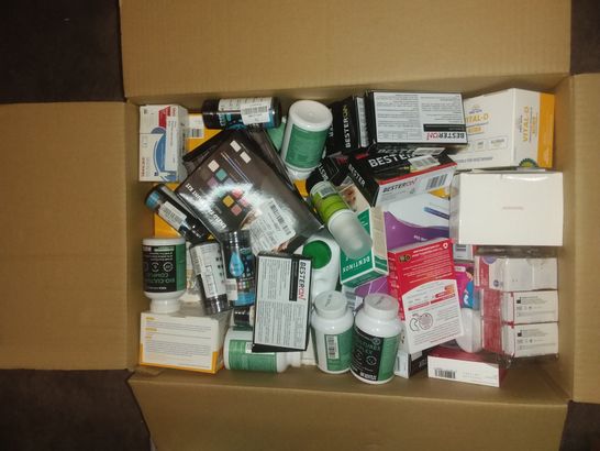 BOX OF ASSORTED ITEMS INCLUDING MEDICAL PILLS AND CREAMS, FACE PAINT, AND EYELASH LIFT AND TINT KIT