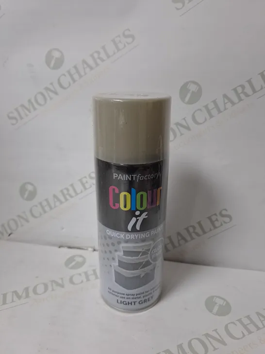 APPROXIMATELY 12 PAINT FACTORY COLOUR IT ALL PURPOSE SPRAY PAINT IN LIGHT GREY 400ML 