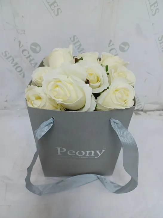 BOXED FAUX FLOWER ARRANGEMENT WITH VASE AND PEONY FLOWER AND ROOM SCENT WHITE ROSES