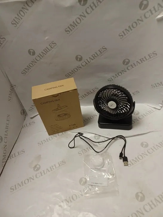 BOXED PORTABLE CAMPING FAN/LAMP WITH USB CABLE AND MANUAL