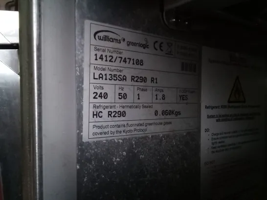 WILLIAMS LA135SA R290 R1 AMBER COMMERCIAL UNDER COUNTER FREEZER