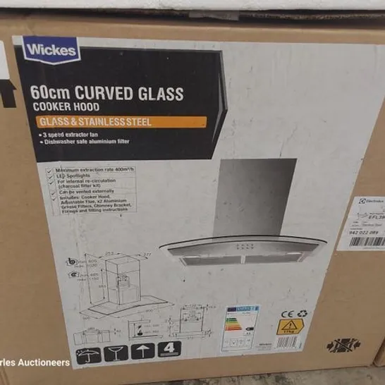 ELECTROLUX WICKES 60CM CURVED GLASS COOKER HOOD STAINLESS STEEL MODEL EFL396A RRP £142