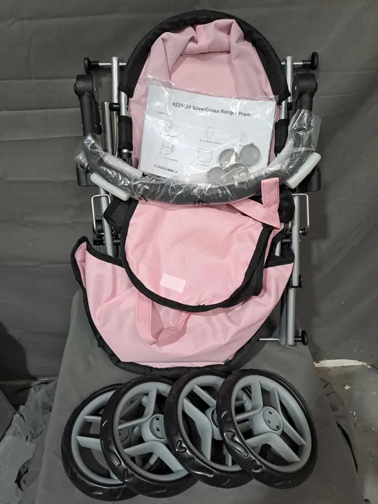 BOXED SILVER CROSS DOLLS RANGER PRAM IN PINK/BLACK