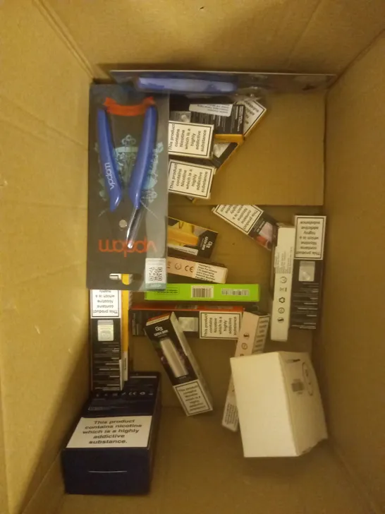 BOX OF APPROXIMATELY 30 ASSORTED VAPING PRODUCTS AND ACCESSORIES TO INCLUDE DISPOSABLES, KITS ETC