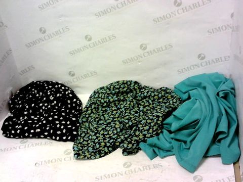 BOX OF A SIGNIFICANT QUANTITY OF ASSORTED DESIGNER CLOTHING ITEMS TO INCLUDE DESIGNER FLORAL TOP, DESIGNER BLACK/WHITE/BLUE PATTERN TOP, GREEN SILK EFFECT CARDIGAN ETC