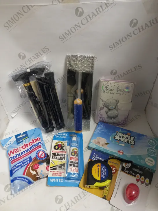 BOX OF APPROXIMATELY 15 ASSORTED HOUSEHOLD ITEMS TO INCLUDE FOLDABLE WALKING STICK, ORGANISER & PEN SET, WARDROBE DEHUMIDIFIERS ETC 