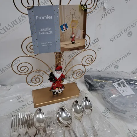 BOX OF ASSORTED ITEMS TO INCLUDE CUTLERY SET, CHRISTMAS CARD HOLDER, DUAL POWER ROPE ETC