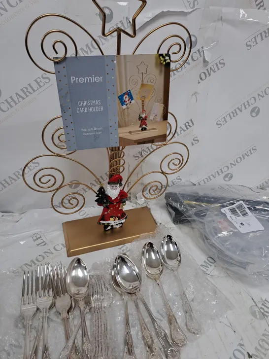 BOX OF ASSORTED ITEMS TO INCLUDE CUTLERY SET, CHRISTMAS CARD HOLDER, DUAL POWER ROPE ETC