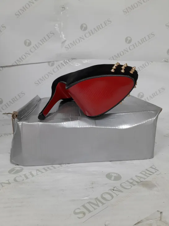 CASSANDRA PLATFORM STILLETO HEEL IN BLACK SUEDE WITH GOLD SPIKES AND RED SOLE SIZE 6