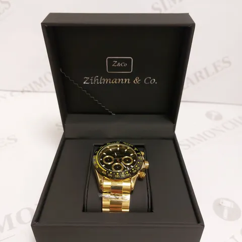 MENS ZIHLMANN & CO Z400 WATCH – CHRONOGRAPH MOVEMENT – GOLD COLOUR STAINLESS STEEL STRAP – BLACK DIAL – 3ATM WATER RESISTANT