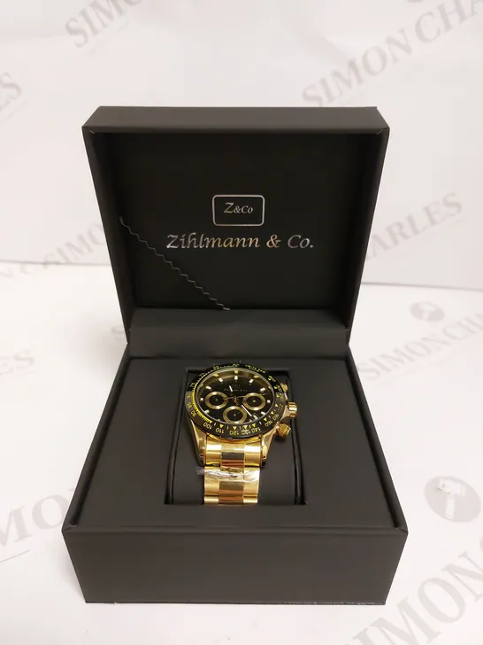 MENS ZIHLMANN & CO Z400 WATCH – CHRONOGRAPH MOVEMENT – GOLD COLOUR STAINLESS STEEL STRAP – BLACK DIAL – 3ATM WATER RESISTANT