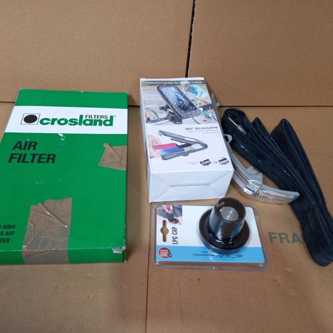 LOT OF APPROXIMATELY 5 ASSORTED VEHICLE PARTS/ITEMS TO INCLUDE AIR FILTER, WATERPROOF PHONE HOLDER, LPG CAP, ETC