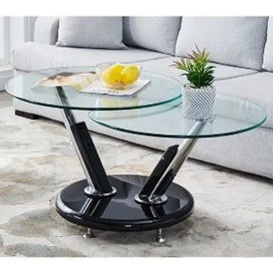 BRAND NEW BOXED TOKYO TWIST GLASS TOP COFFEE TABLE WITH BLACK HIGH GLOSS BASE 70-120×45×70CM (2 BOXES)