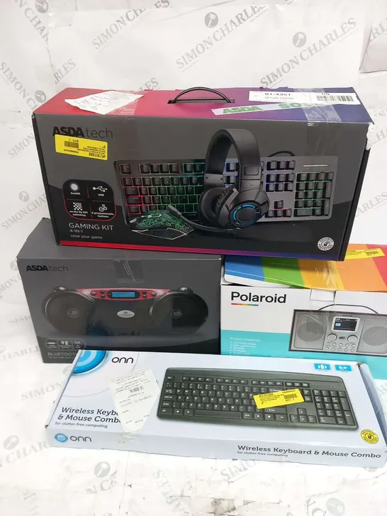 LARGE PALLET OF ASSORTED ELECTRICAL PRODUCTS TO INCLUDE; BLUETOOTH CD BOOMBOX, ONN WIRELESS KEYBOARD AND MOUSE AND CANON PIXMA T5150