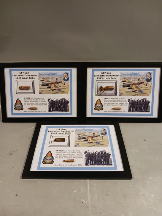 3 X FRAMED 617 SQN LANCASTER DAMBUSTER 1943 CRASH RELIC ITEMS 