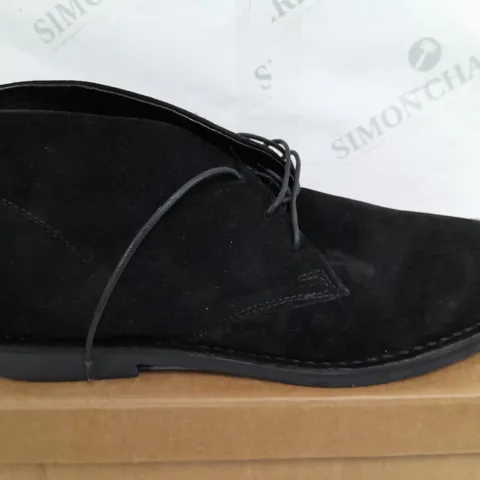 BOXED PAIR OF ASOS DESIGN DESERT BOOTS IN BLACK SUEDE - UK 10.5