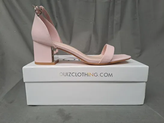 BOXED PAIR OF QUIZ BLOCK HEEL OPEN TOE SANDALS IN PINK SIZE 5