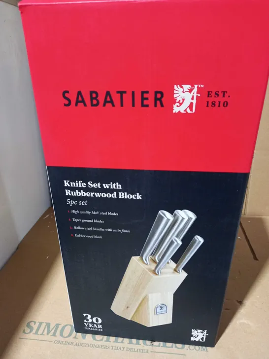 SABATIER 5 PIECE KNIFE SET WITH WOODEN STORAGE BLOCK & GIFT BOX