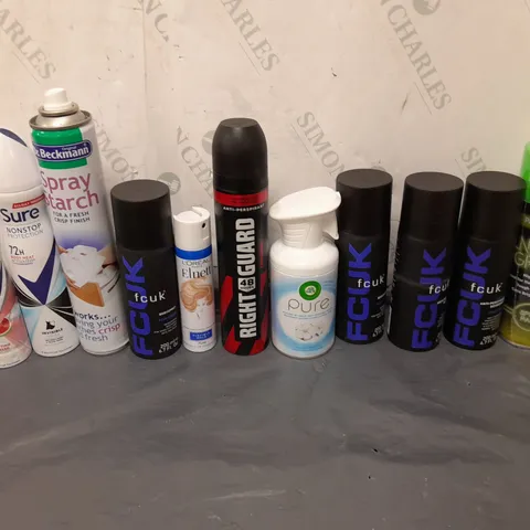 APPROXIMATELY 12 ASSORTED AEROSOLS TO INCLUDE NEON GREEN SPRAY PAINT, SPRAY STARCH, AND FCUK DEODRANT ETC. 