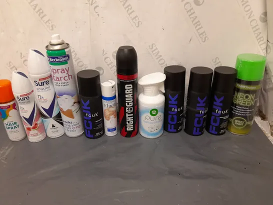 APPROXIMATELY 12 ASSORTED AEROSOLS TO INCLUDE NEON GREEN SPRAY PAINT, SPRAY STARCH, AND FCUK DEODRANT ETC. 