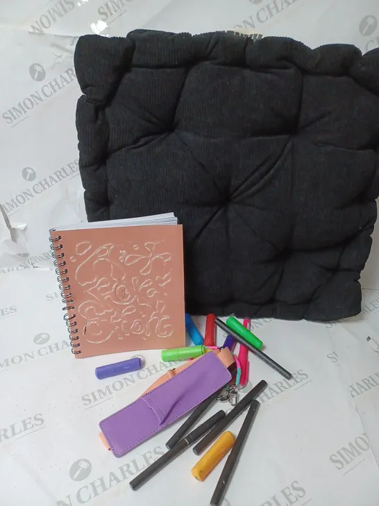 APPROXIMATELY 4 COTTON ON ITEMS INCLUDING BLACK FLOOR CUSHIONS, PINK NOTEBOOK, PEN HOLDER