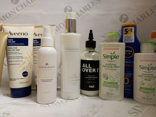 BOX OF VARIOUS SKIN CARE CREAMS AND LOTIONS INCLUDING DOVE, AVEENO, FONTAINAVIE, SIMPLE, NIVEA & BODY SHOP